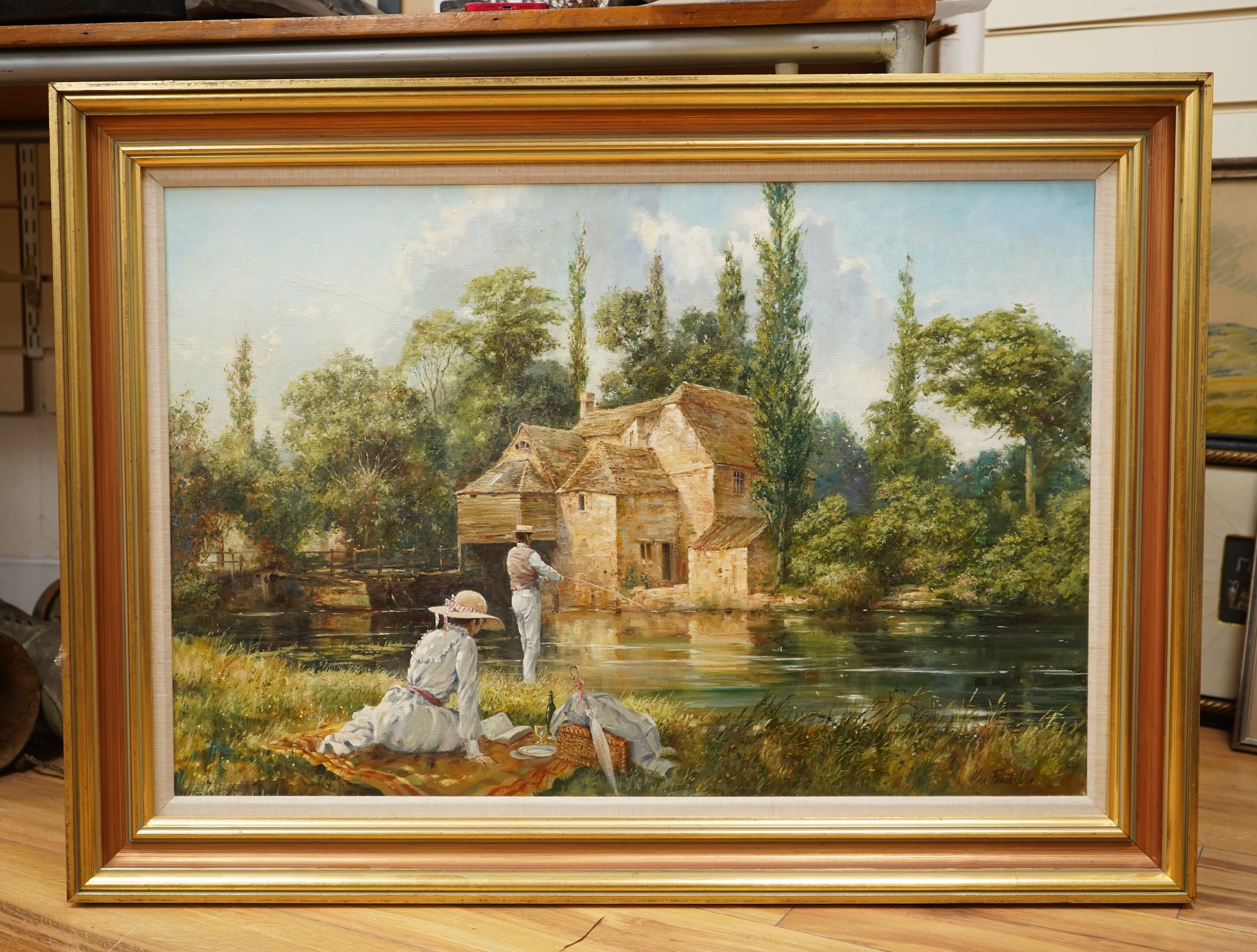 Alan Fearnley (b.1942), ‘River scene’, signed, ex Stacy Marks, oil on canvas, 50 x 75cm